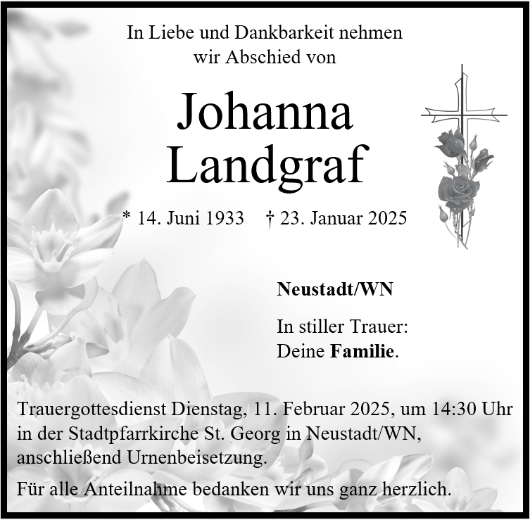 Traueranzeige Johanna Landgraf, Neustadt/WN