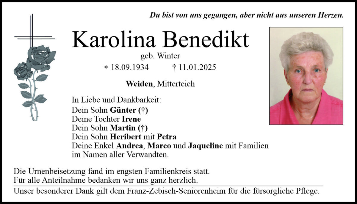 Traueranzeige Karolina Benedikt, Weiden