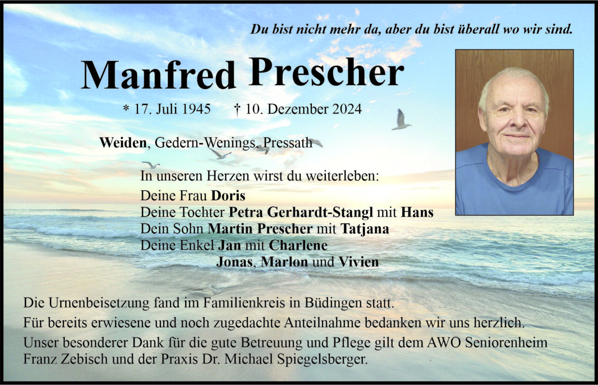 Traueranzeige Manfred Prescher, Weiden