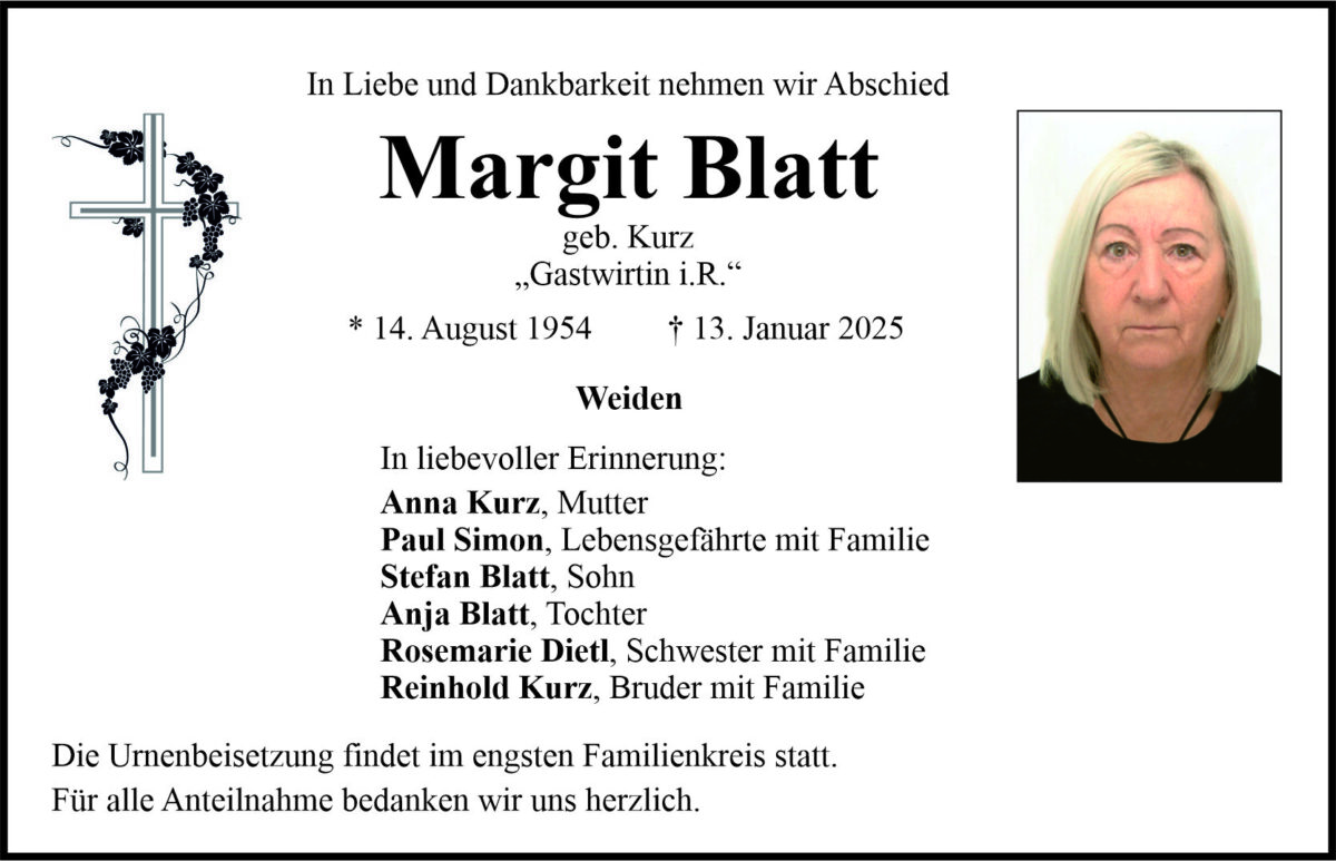 Traueranzeige Margit Blatt, Weiden