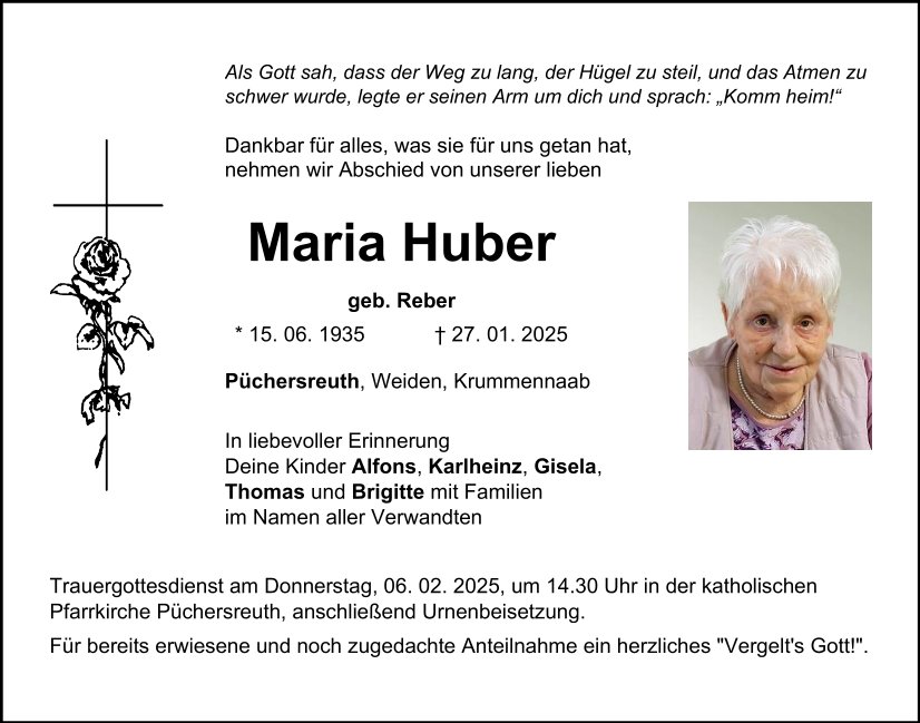 Traueranzeige Maria Huber, Püchersreuth