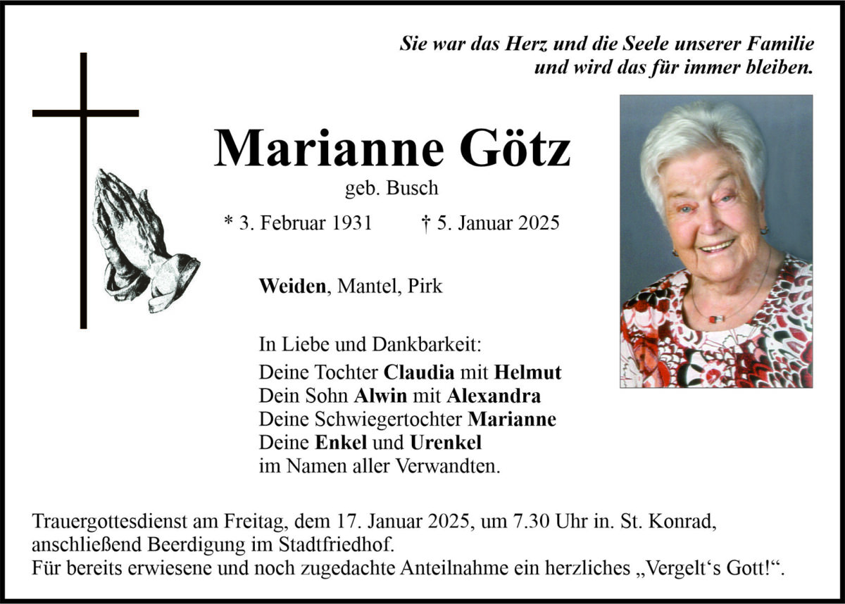 Traueranzeige Marianne Götz, Weiden