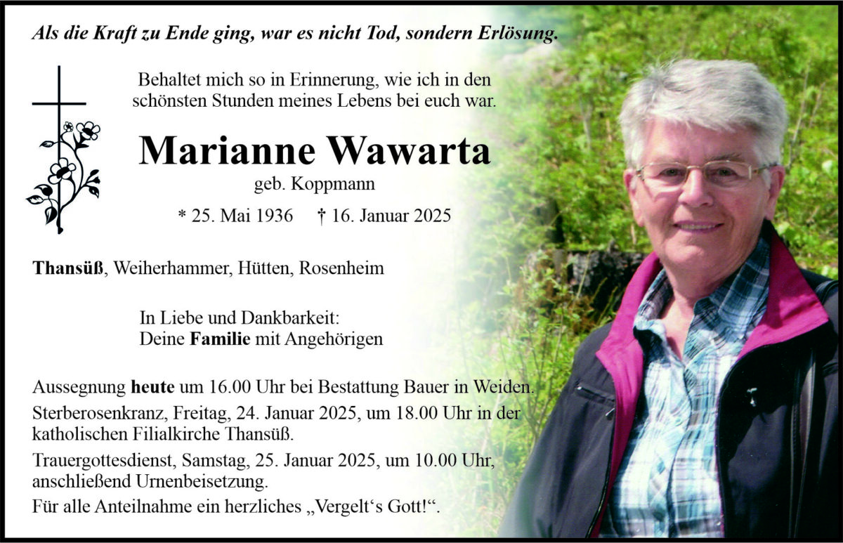 Traueranzeige Marianne Wawarta, Thansüß