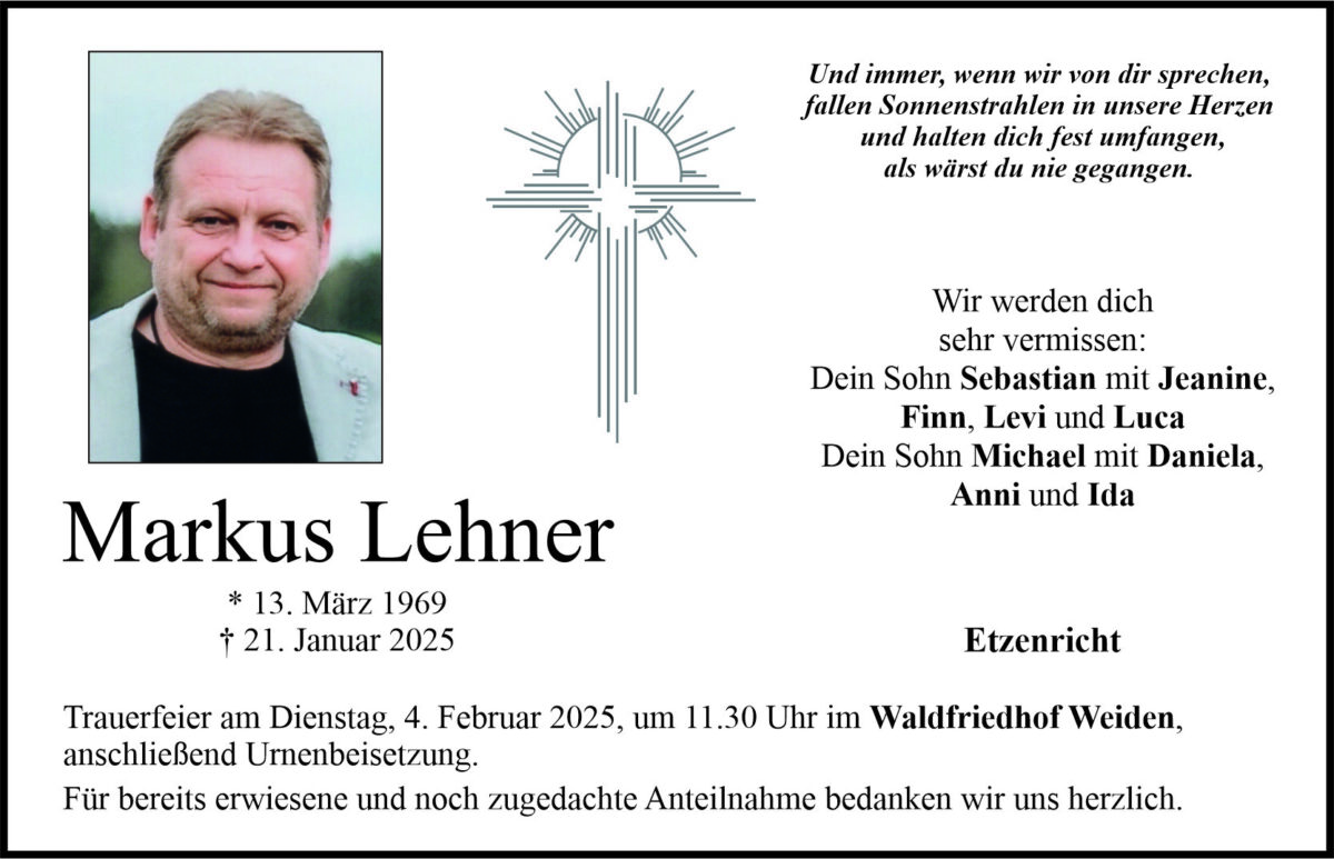 Traueranzeige Markus Lehner, Etzenricht