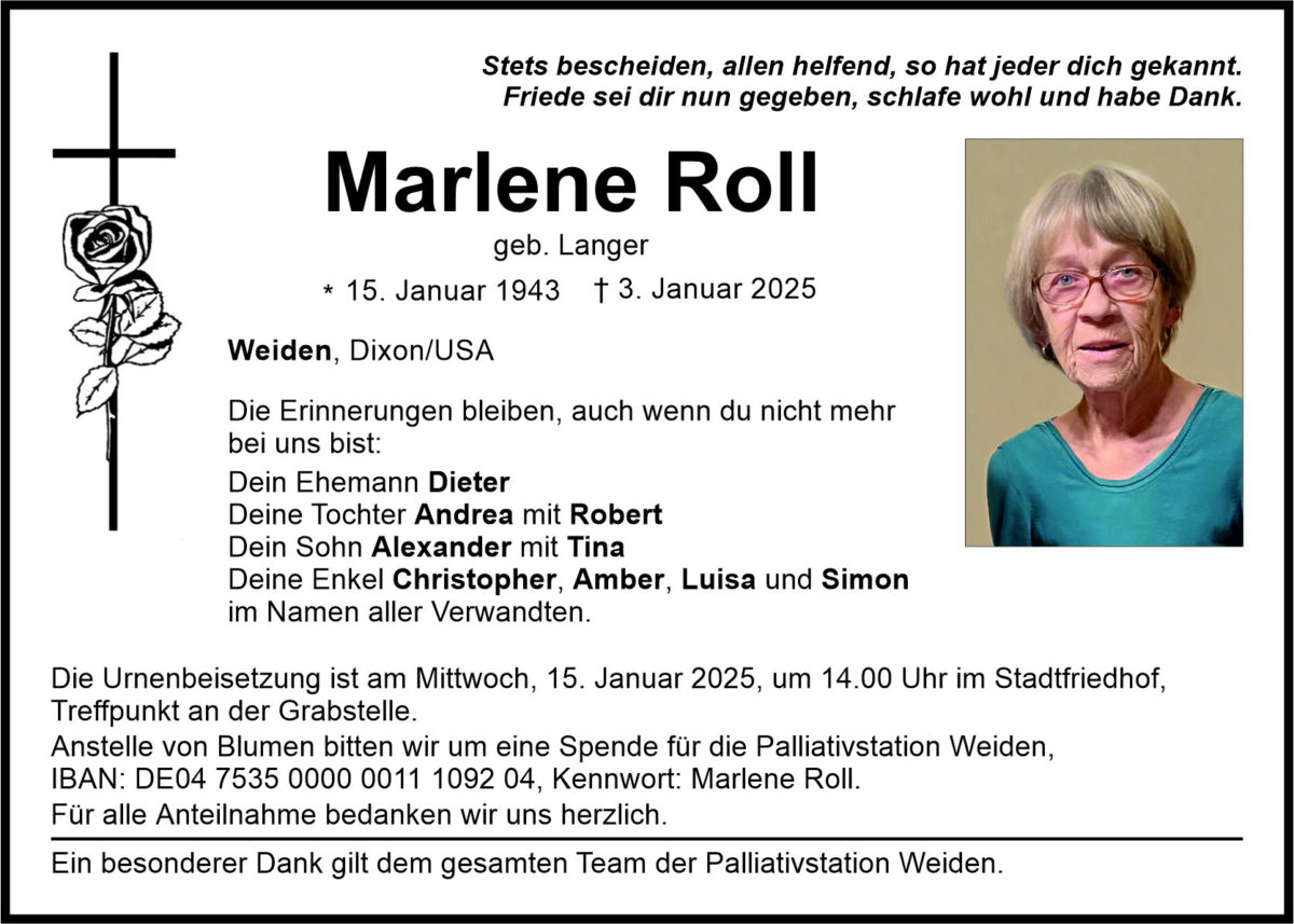 Traueranzeige Marlene Roll, Weiden