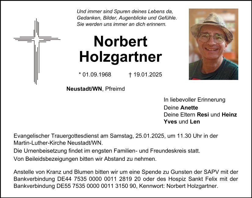 Traueranzeige Norbert Holzgartner, Neustadt/WN