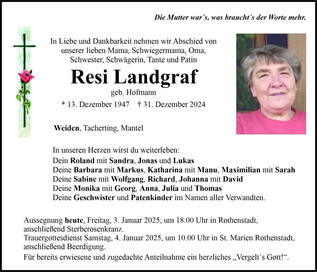 Traueranzeige Resi Landgraf, Weiden