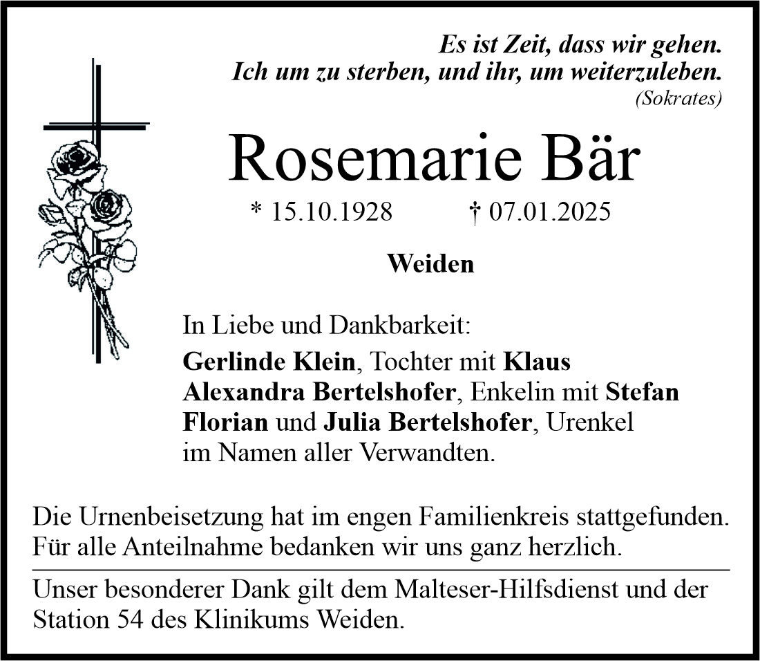 Traueranzeige Rosemarie Bär, Weiden