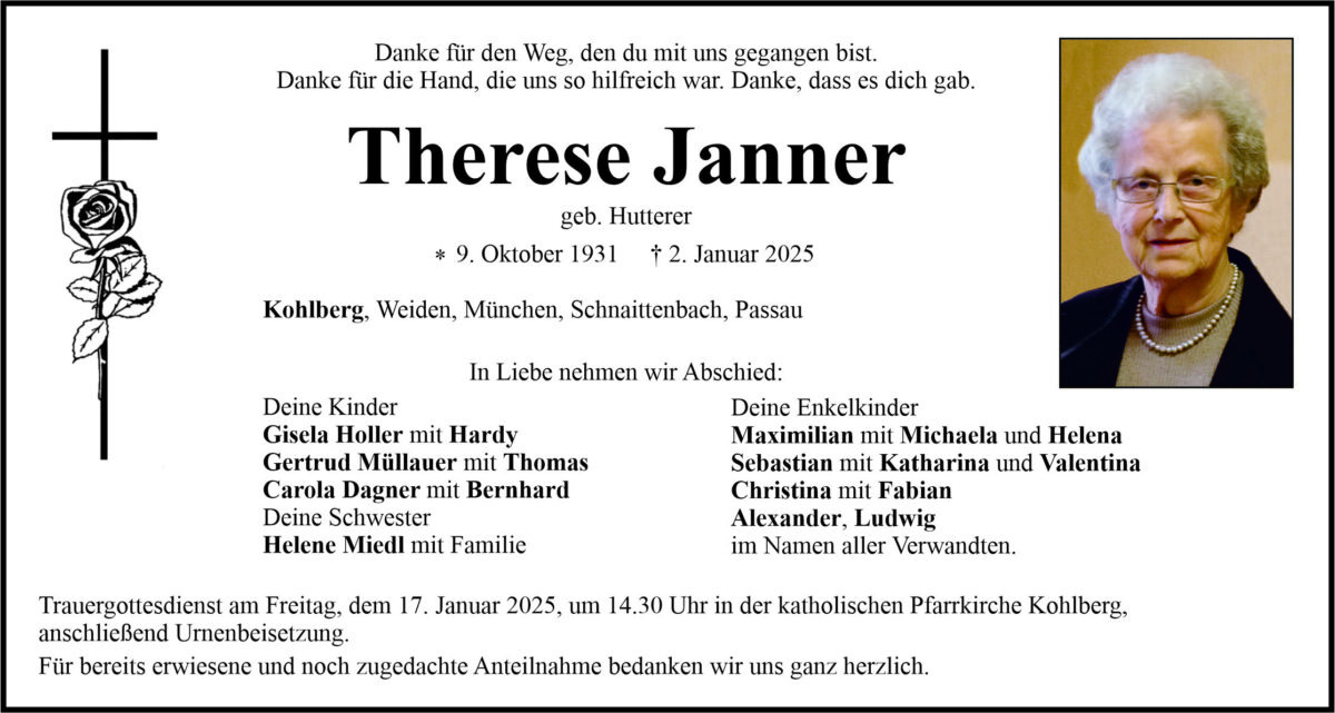 Traueranzeige Therese Janner, Kohlberg