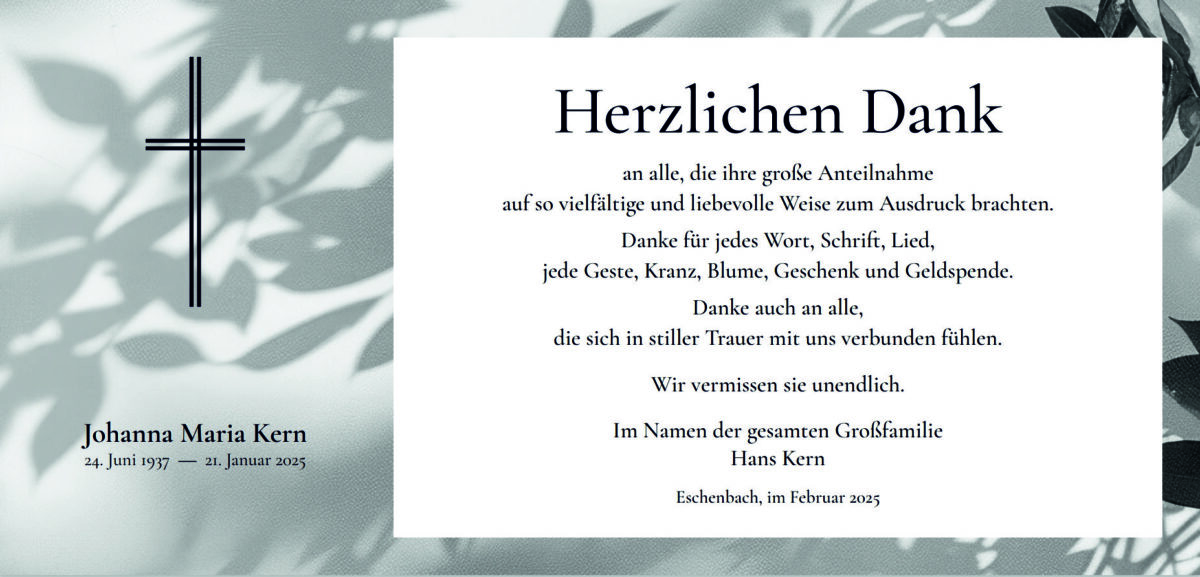 Danksagung Johanna Kern, Eschenbach