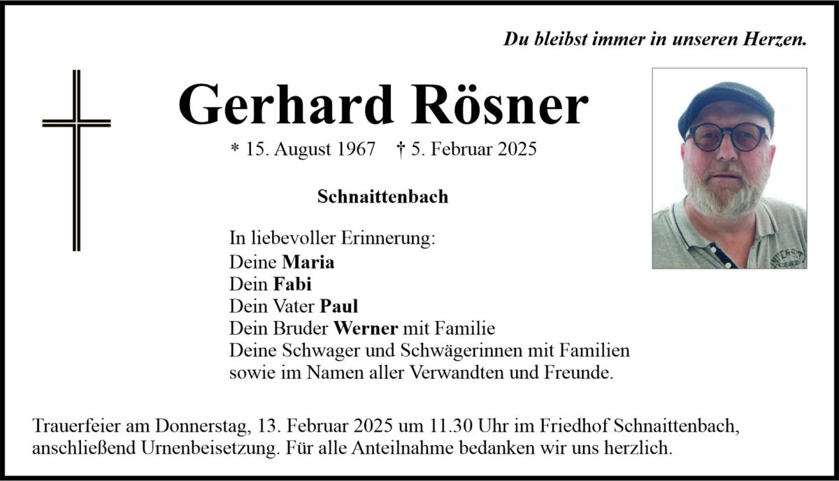 Traueranzeige Gerhard Rösner, Schnaittenbach
