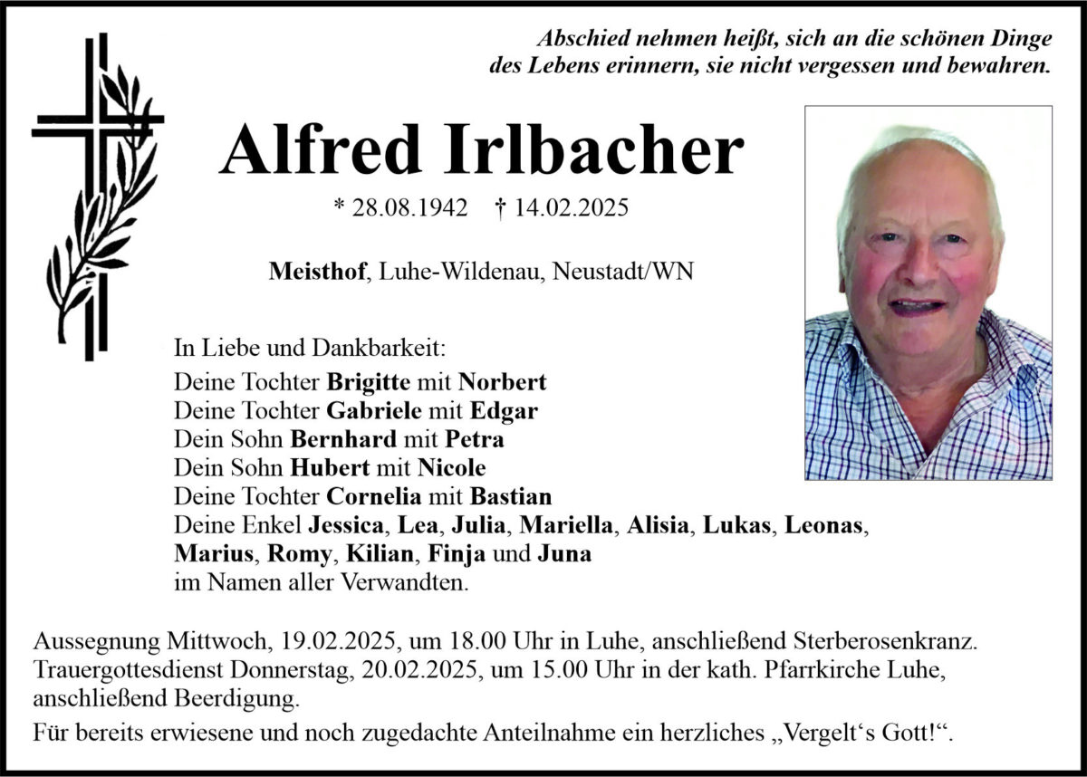 Traueranzeige Alfred Irlbacher, Meisthof