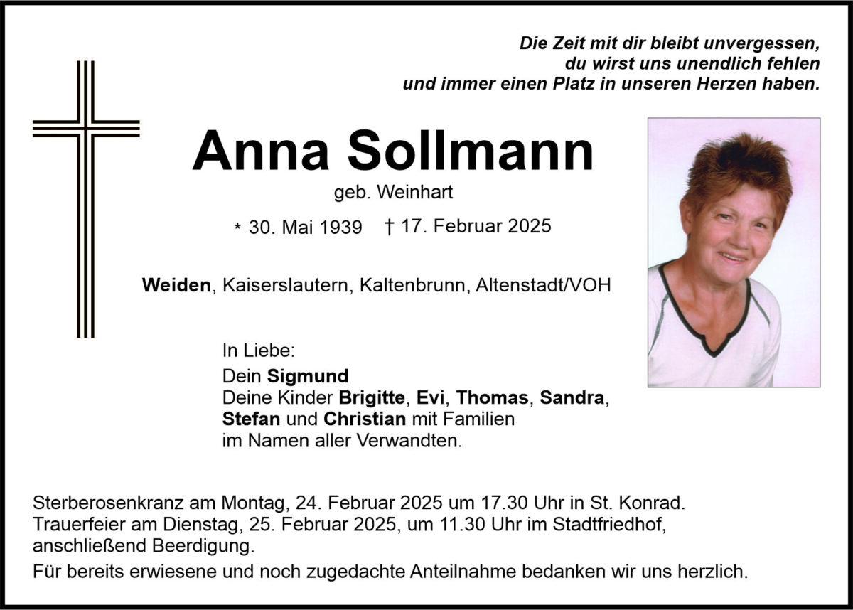 Traueranzeige Anna Sollmann, Weiden