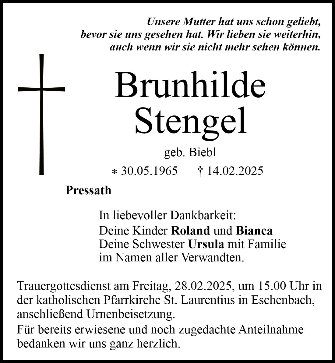 Traueranzeige Brunhilde Stengel, Pressath