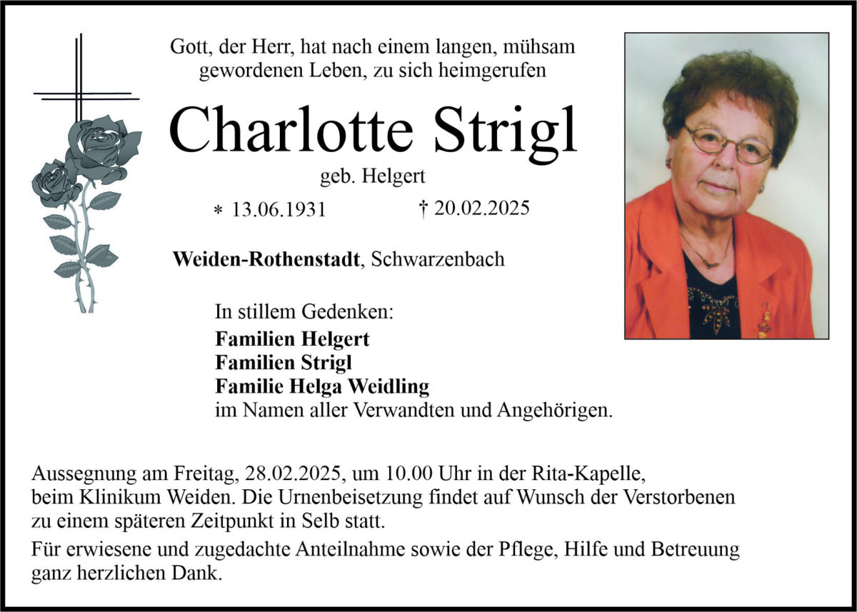 Traueranzeige Charlotte Strigl, Weiden-Rothenstadt