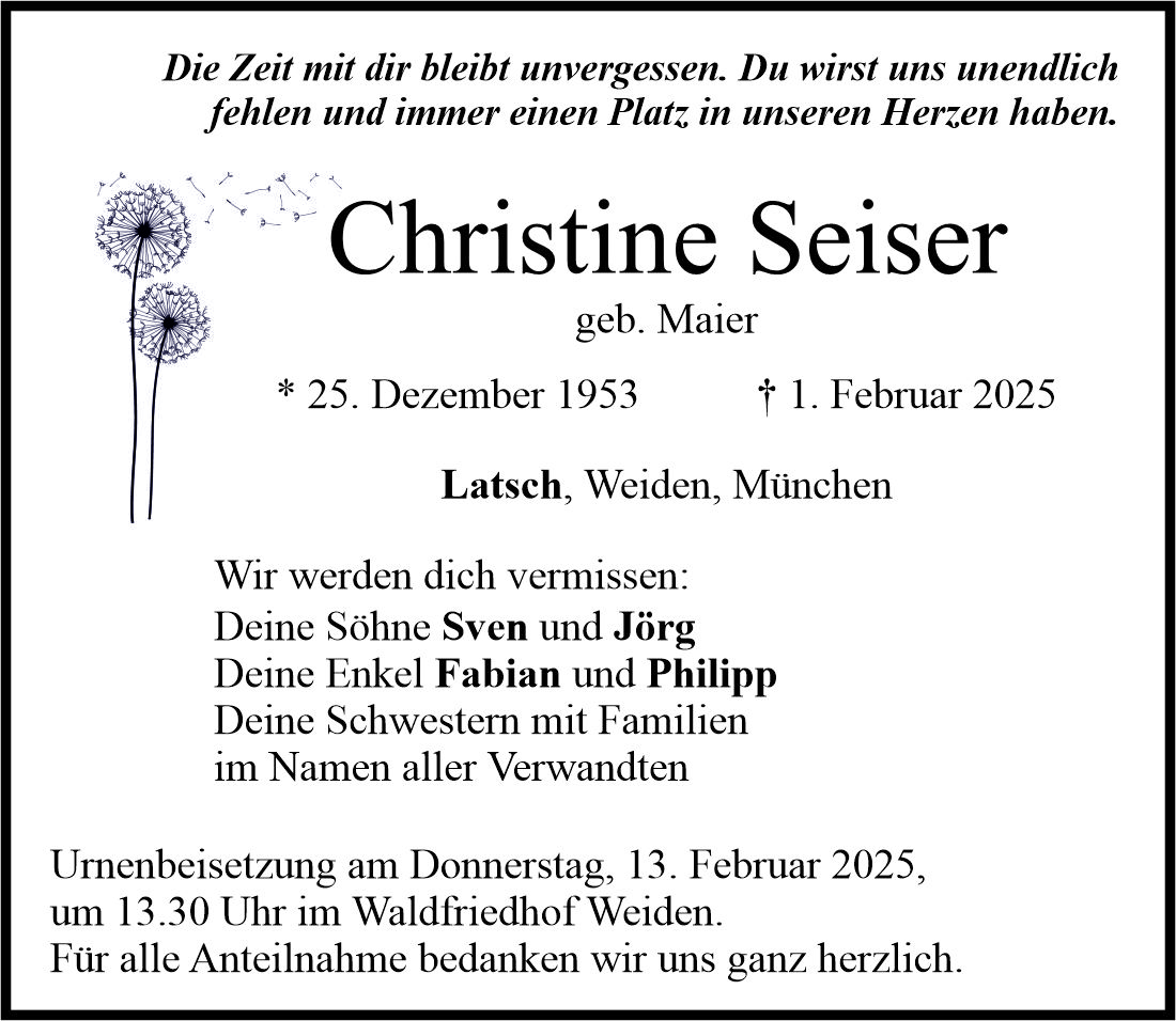 Traueranzeige Christine Seiser, Latsch