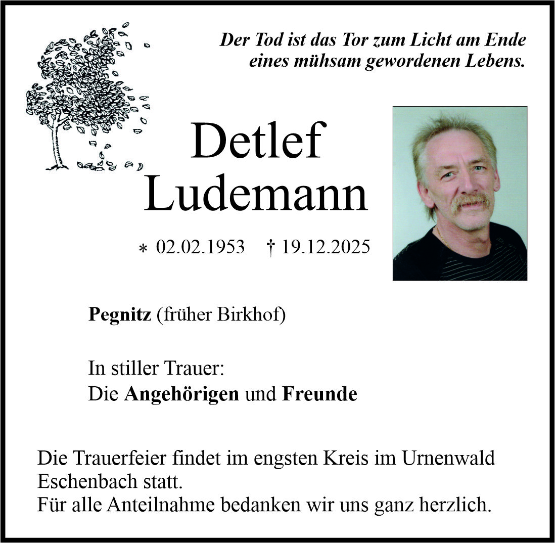 Traueranzeige Detlef Ludemann, Pegnitz