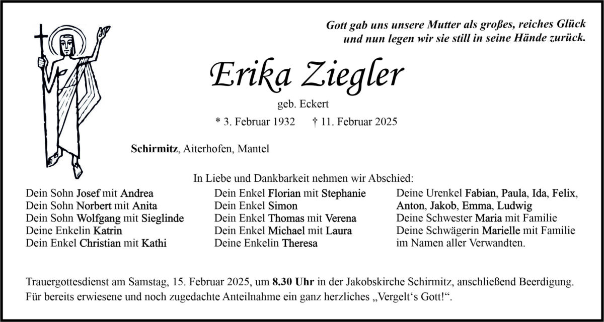 Traueranzeige Erika Ziegler, Schirmitz