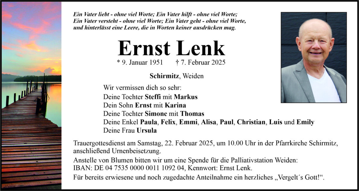 Traueranzeige Ernst Lenk, Schirmitz