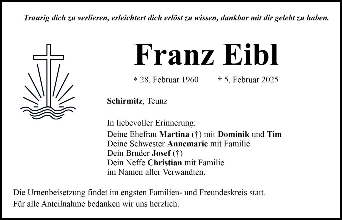 Traueranzeige Franz Eibl, Schirmitz