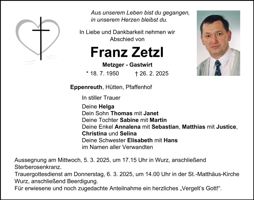 Traueranzeige Franz Zetzl, Eppenreuth