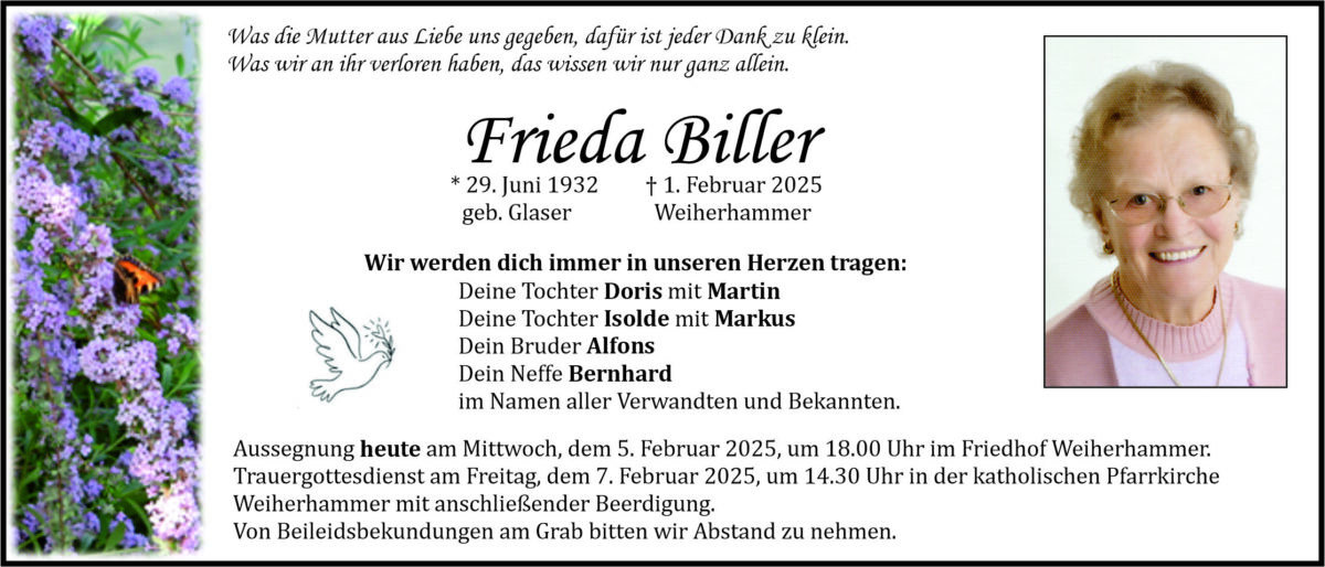 Traueranzeige Frieda Biller, Weiherhammer