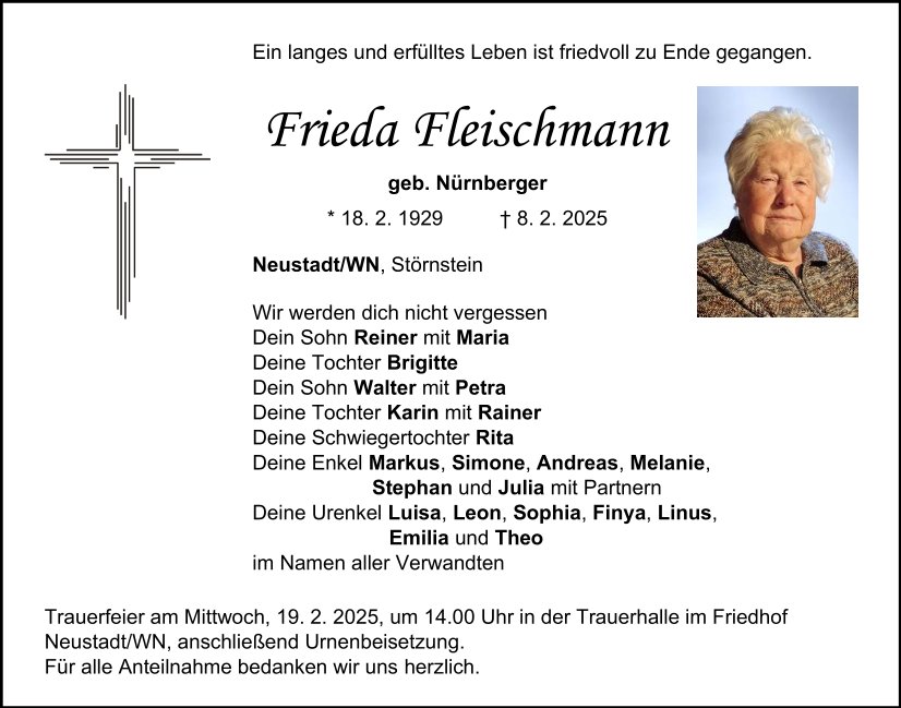 Traueranzeige Frieda Fleischmann, Neustadt/WN