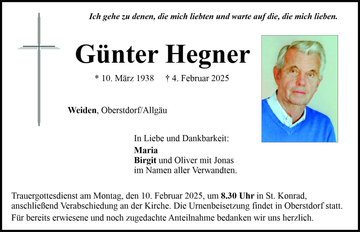 Traueranzeige Günter Hegner, Weiden