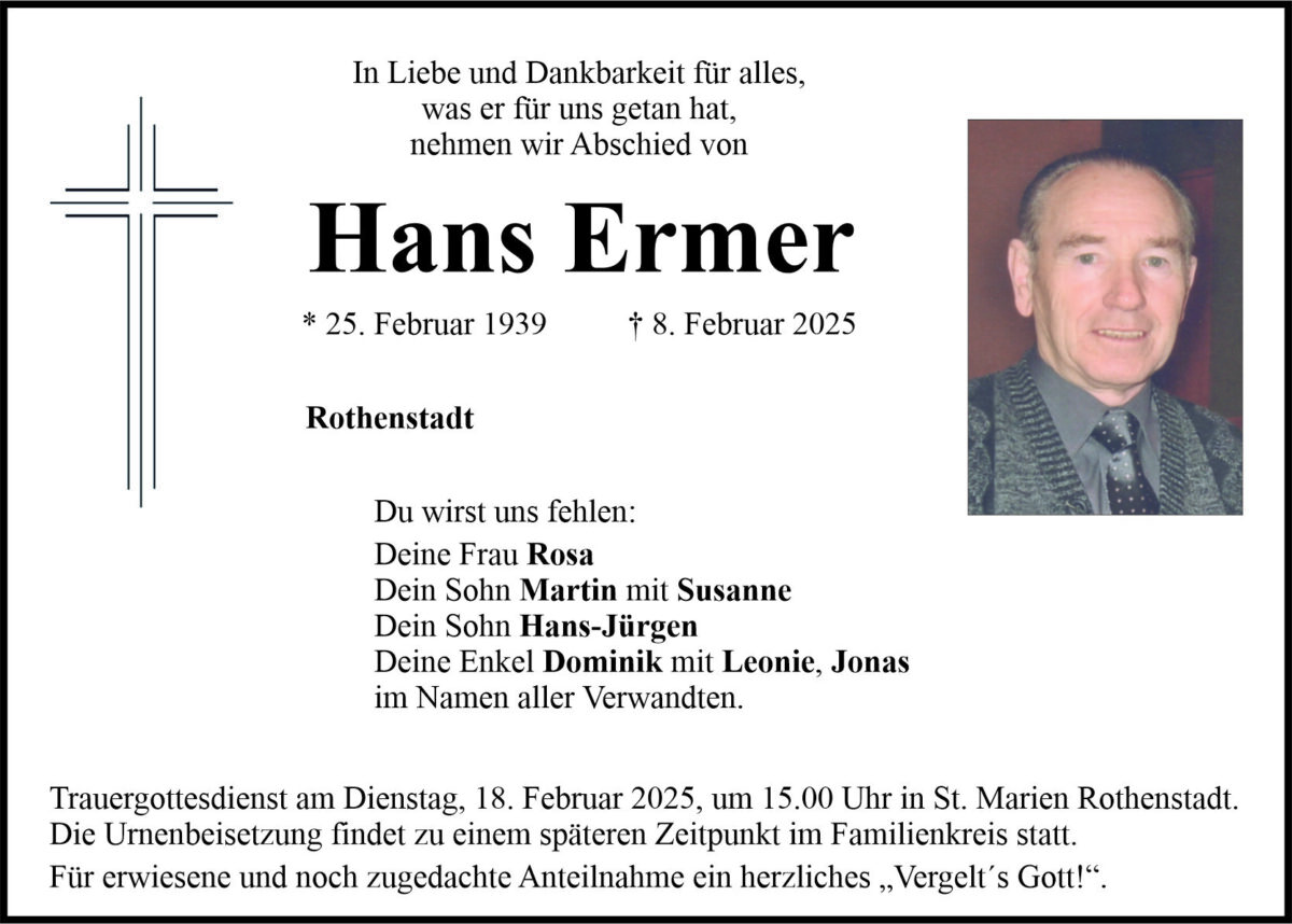 Traueranzeige Hans Ermer, Rothenstadt