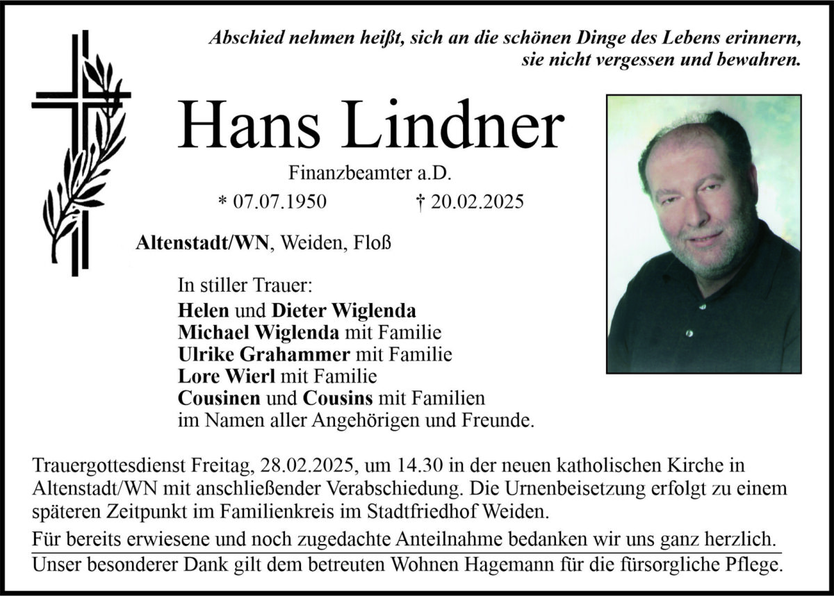 Traueranzeige Hans Lindner, Altenstadt/WN