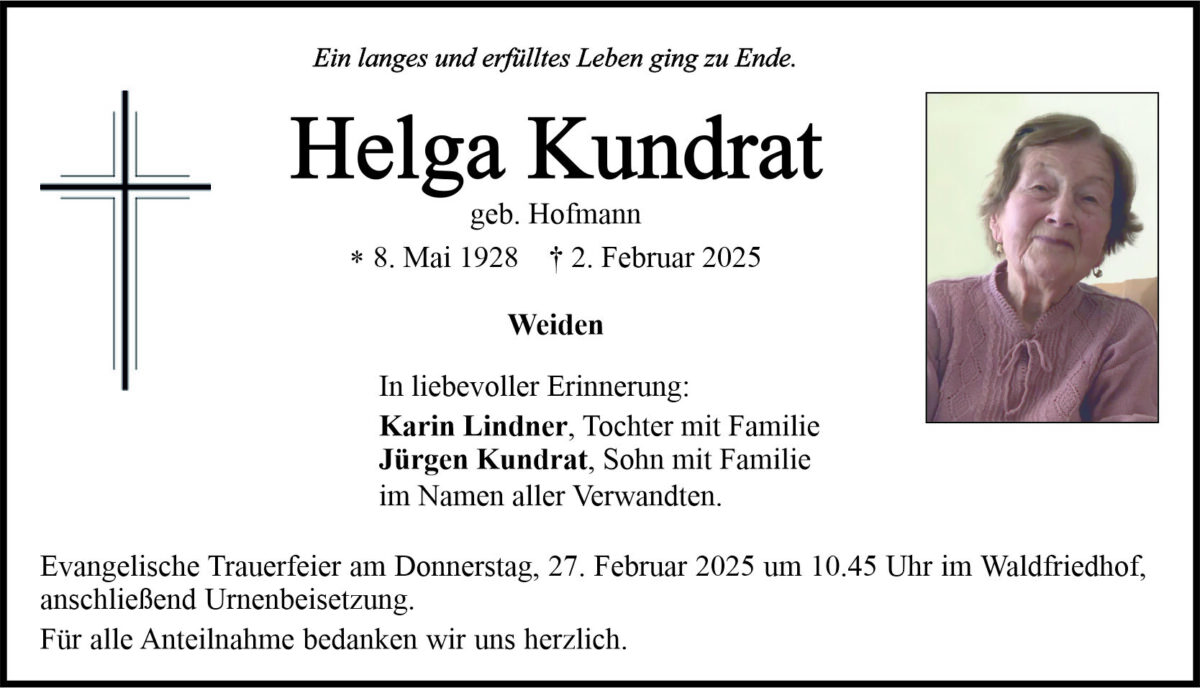 Traueranzeige Helga Kundrat, Weiden