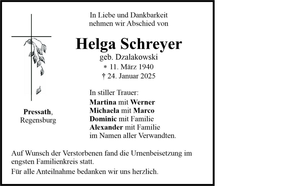 Traueranzeige Helga Schreyer, Pressath