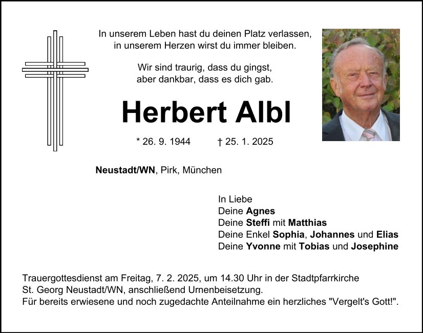 Traueranzeige Herbert Albl, Neustadt/WN