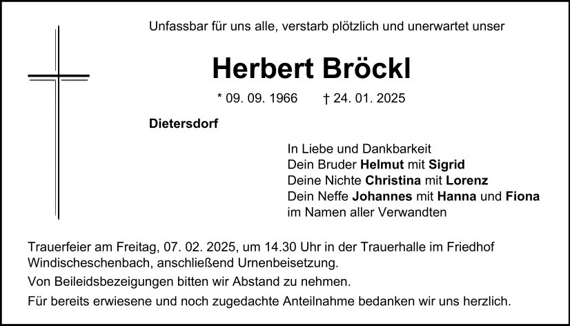 Traueranzeige Herbert Bröckl, Dietersdorf.