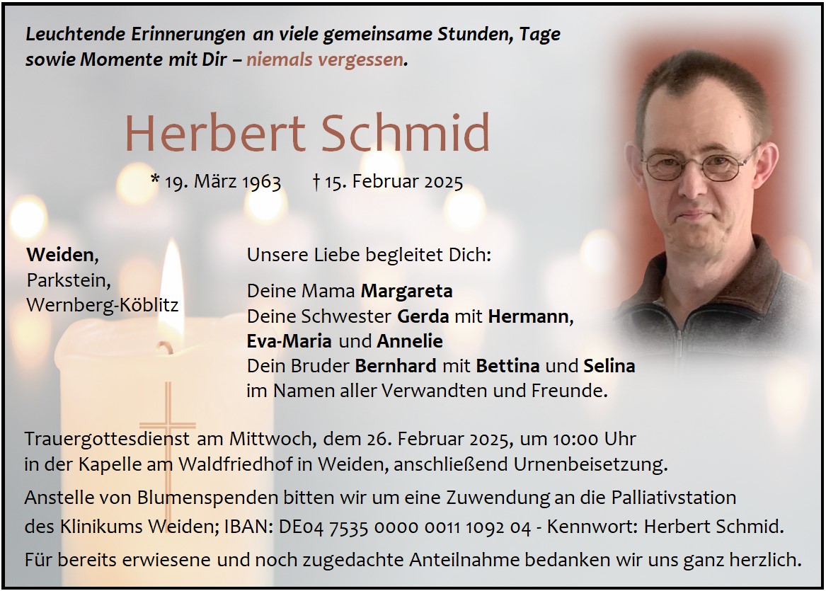 Traueranzeige Herbert Schmid, Weiden