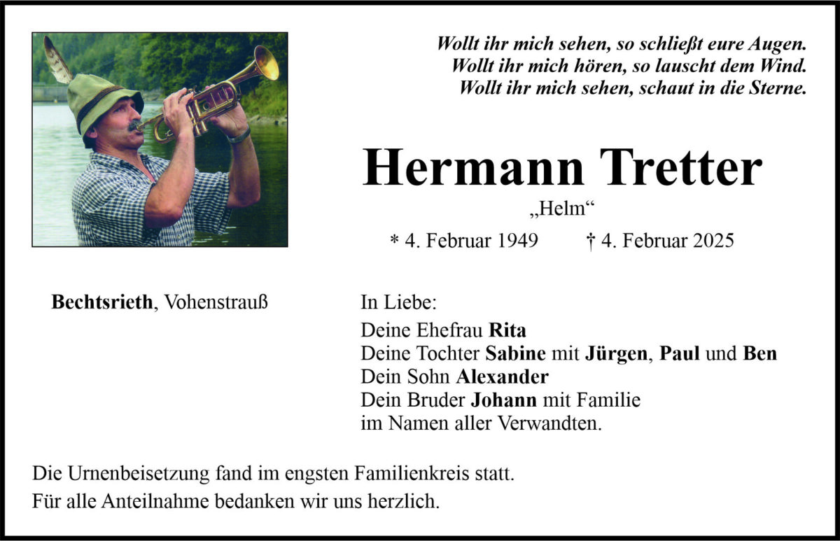 Traueranzeige Hermann Tretter, Trebsau