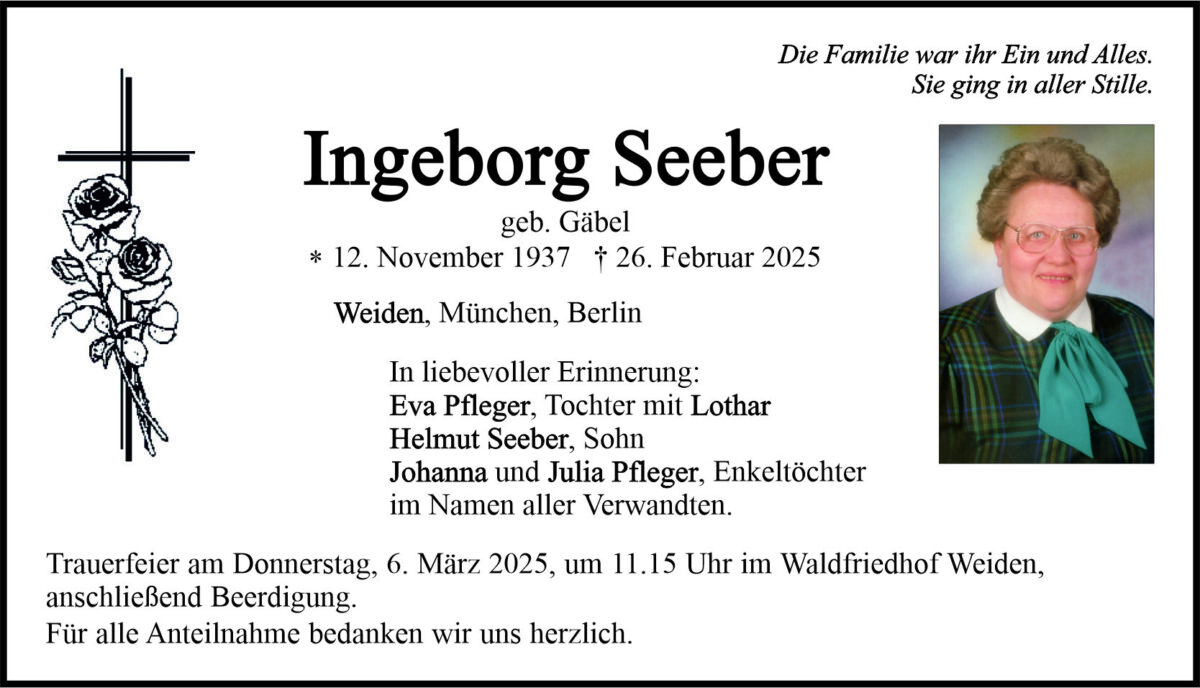 Traueranzeige Ingeborg Seeber, Weiden