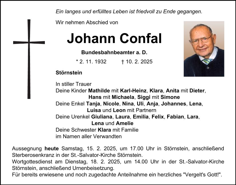 Traueranzeige Johann Confal, Neustadt/WN