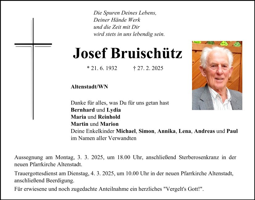 Traueranzeige Josef Bruischütz, Neustadt a. d. Waldnaab