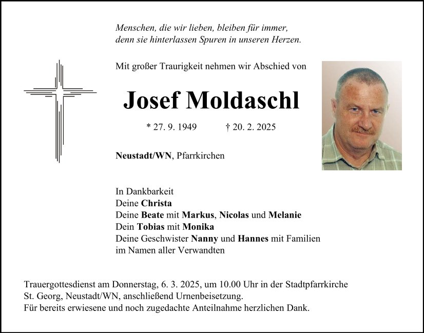 Traueranzeige Josef Moldaschl, Neustadt/WN