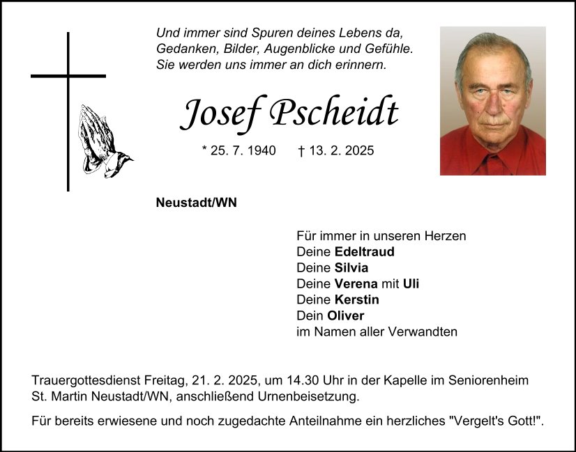 Traueranzeige Josef Pscheidt, Neustadt/WN