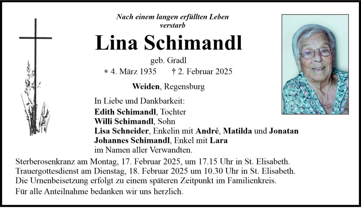 Traueranzeige Lina Schimandl, Weiden
