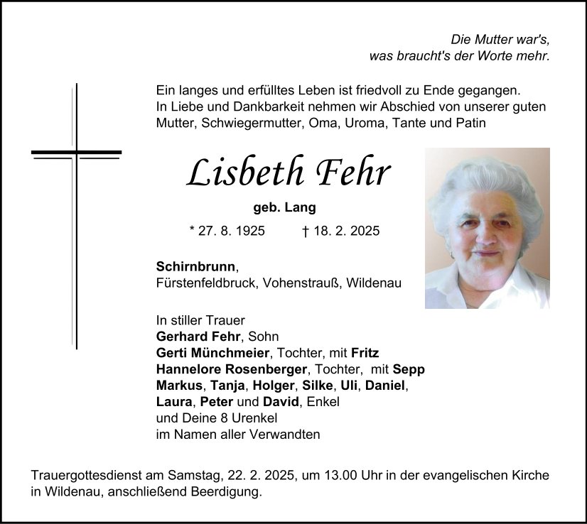 Traueranzeige Lisbeth Fehr, Schirnbrunn