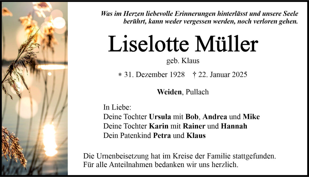 Traueranzeige Liselotte Müller, Weiden