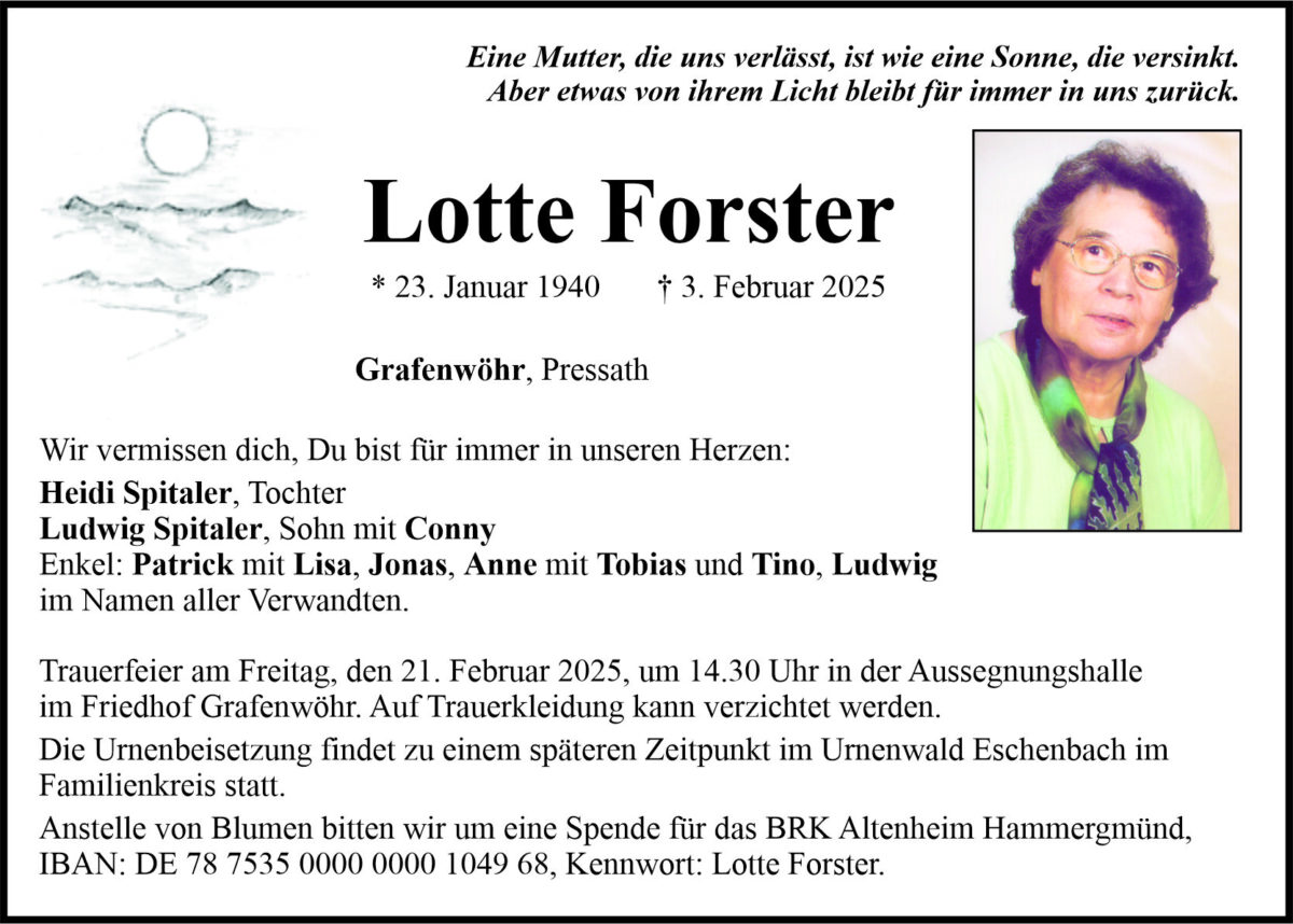 Traueranzeige Lotte Forster, Grafenwöhr