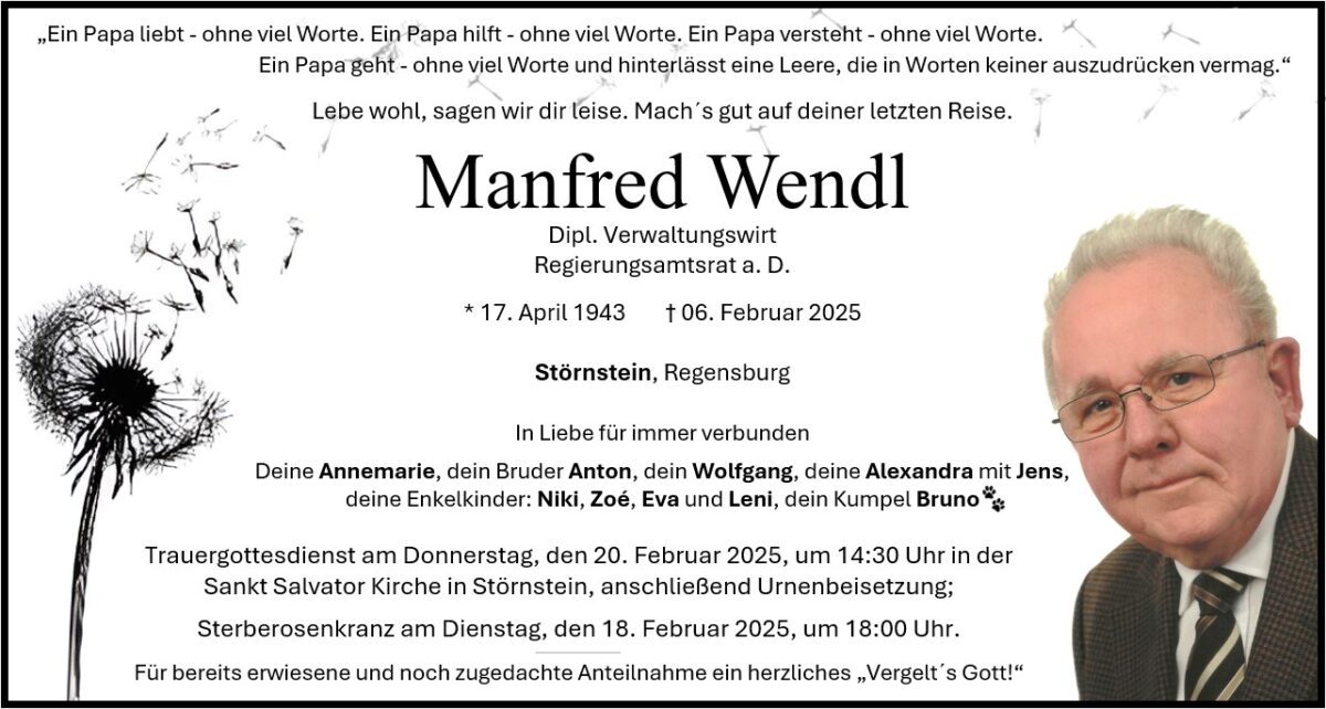 Traueranzeige Manfred Wendl, Störnstein
