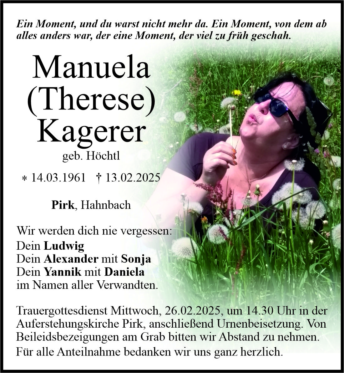 Traueranzeige Manuela Kagerer, Pirk