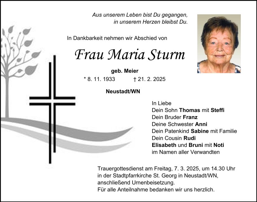 Traueranzeige Maria Sturm, Neustadt/WN