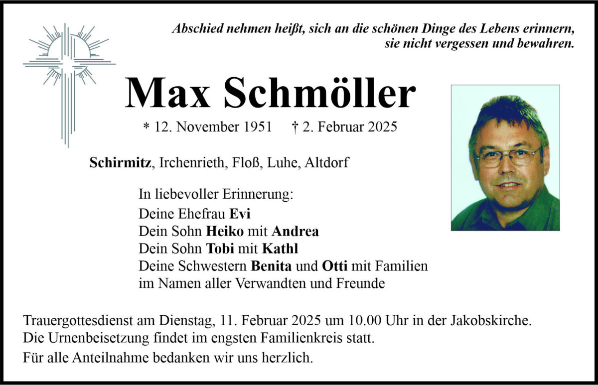 Traueranzeige Max Schmöller, Schirmitz