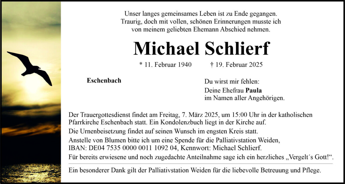 Traueranzeige Michael Schlierf, Eschenbach